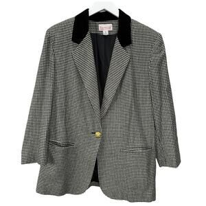 Vintage Block Island Houndstooth Blazer Size 14 Petite Velvet Collar One Button
